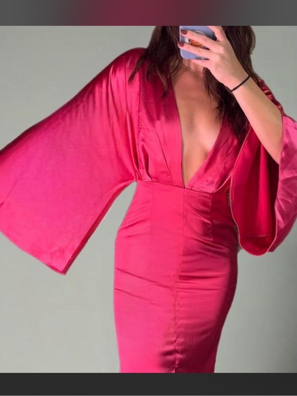Hot Pink Satin Maxi Dress with Deep V Neckline & Flared Sleeves - NEW WITH TAGS - Picture 3 of 5